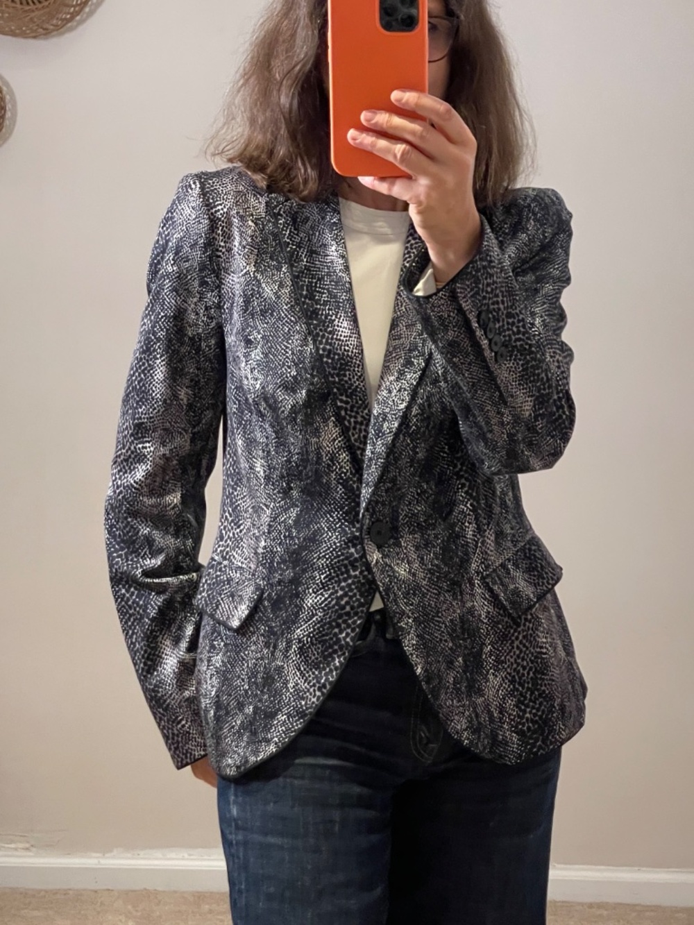 Zara basic animal print black and white cotton blazer women L